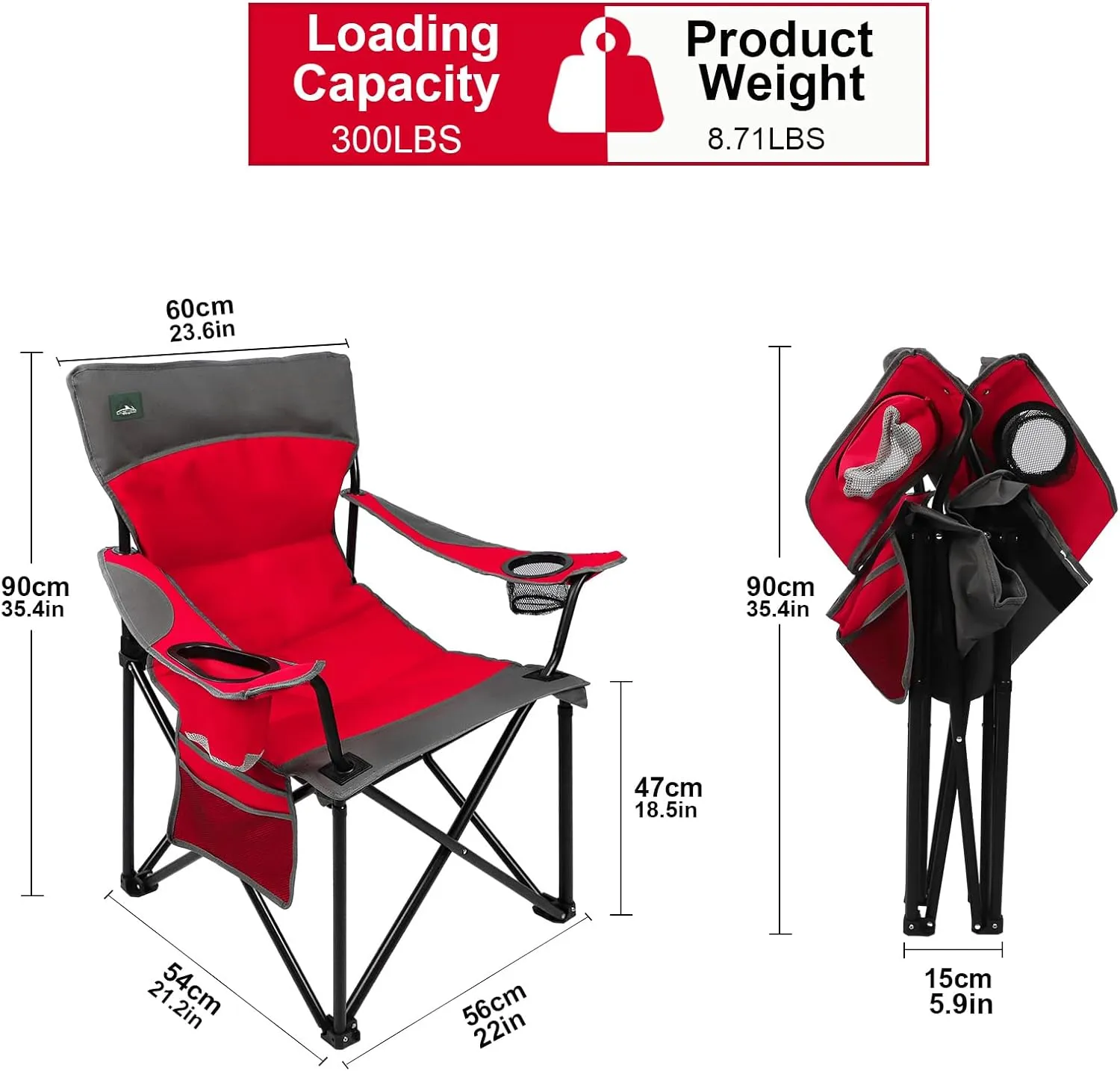 Foldable Camping Chair Heavy-Duty Outdoor Folding Chair Support Up to 300lbs for Hiking, Picnics, Patio, Beach, Fishing (Red)