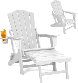 Folding Adirondack Chair with Retractable Ottoman,All Weather Fire Pit Chairs with Cup Holder,Outdoor Chair with Ottoman,White