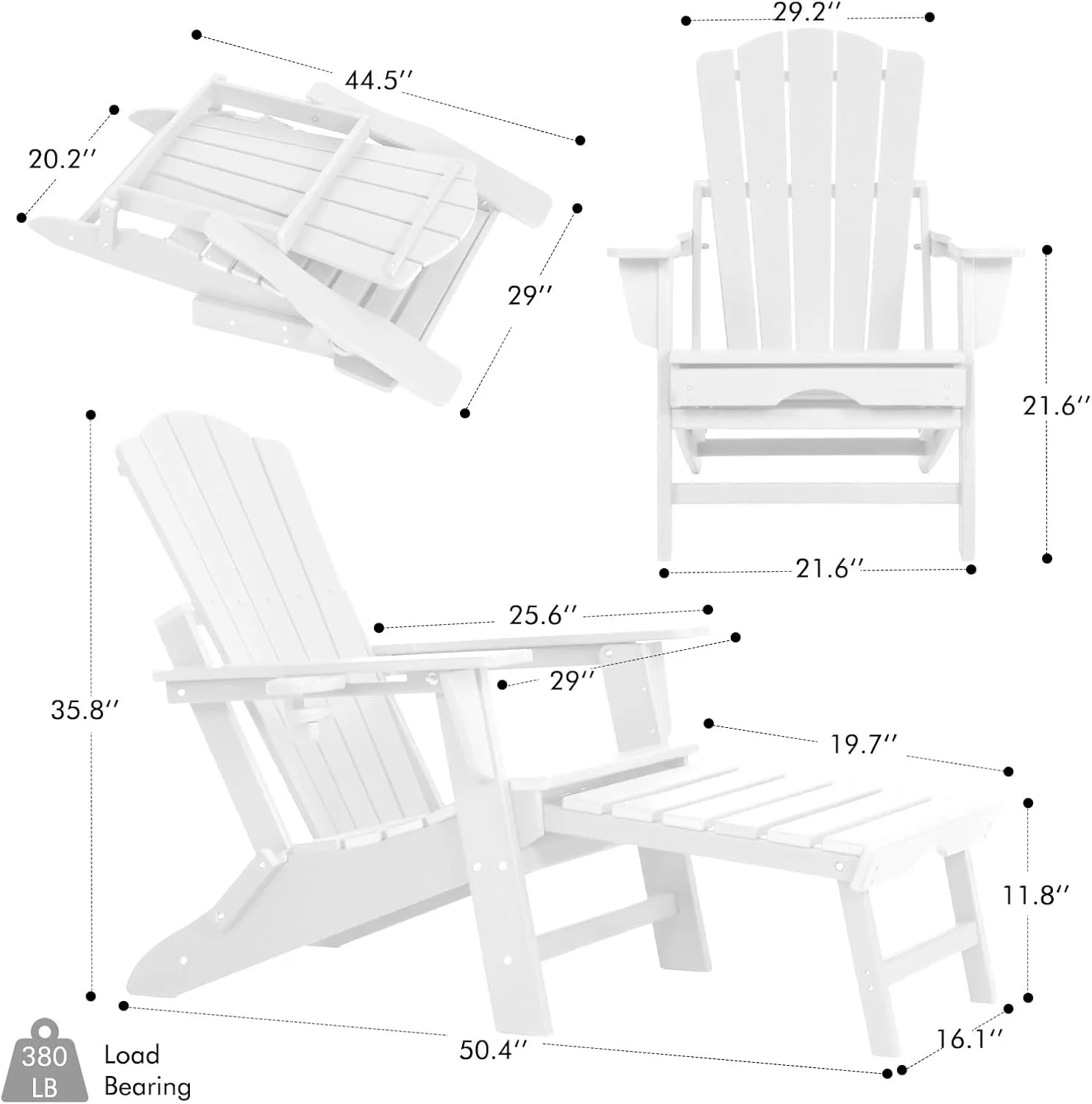 Folding Adirondack Chair with Retractable Ottoman,All Weather Fire Pit Chairs with Cup Holder,Outdoor Chair with Ottoman,White