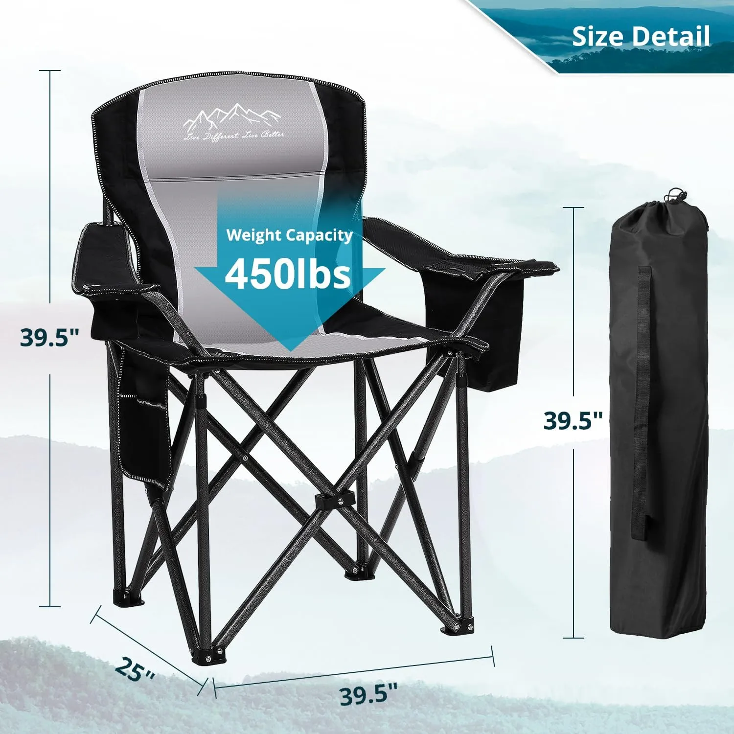 Folding Camping Chair, Heavy Duty Portable Lawn Chairs with Cooler Bag, Side Pocket & Cup Holder, Folding Chairs for Outside Support 450lbs Black
