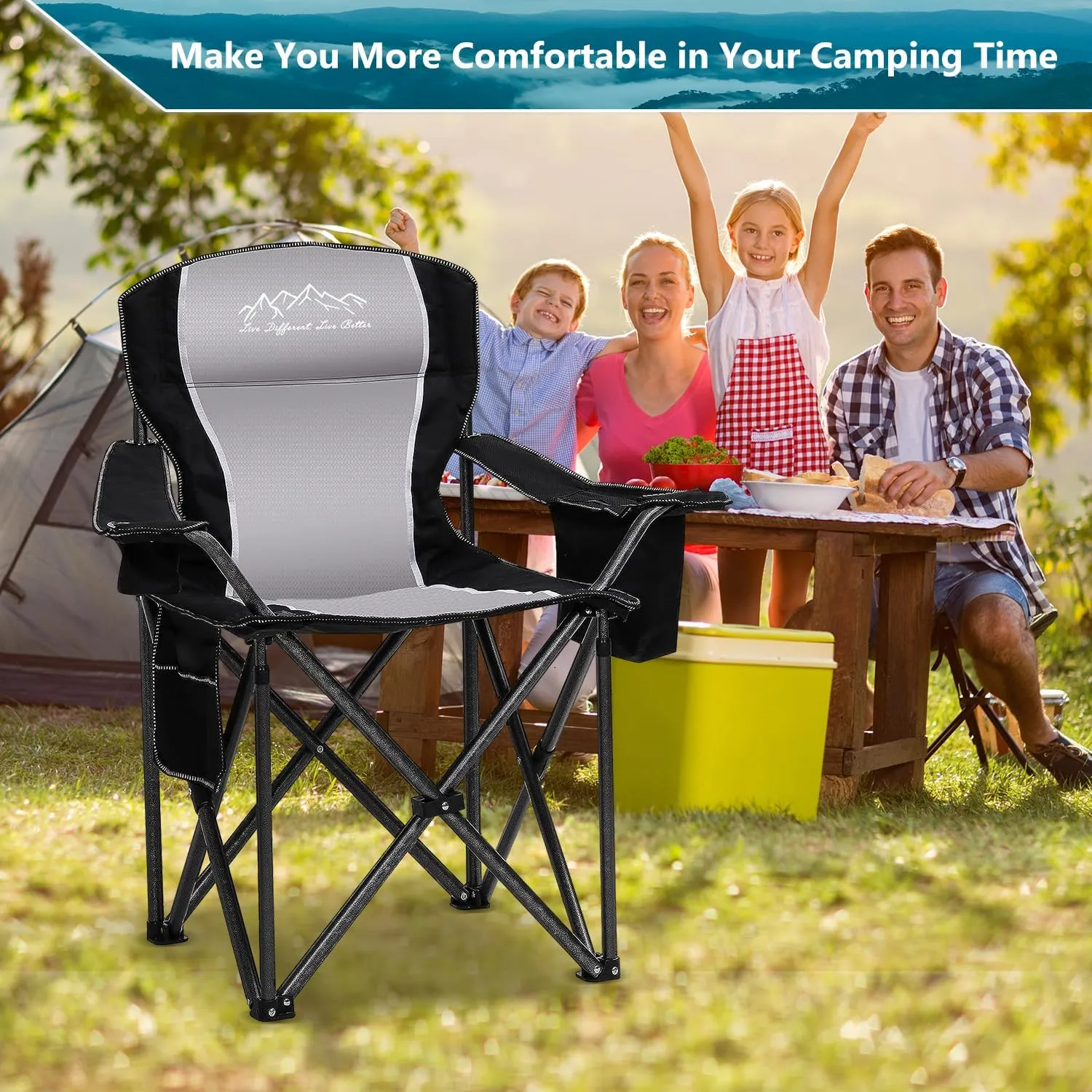 Folding Camping Chair, Heavy Duty Portable Lawn Chairs with Cooler Bag, Side Pocket & Cup Holder, Folding Chairs for Outside Support 450lbs Black