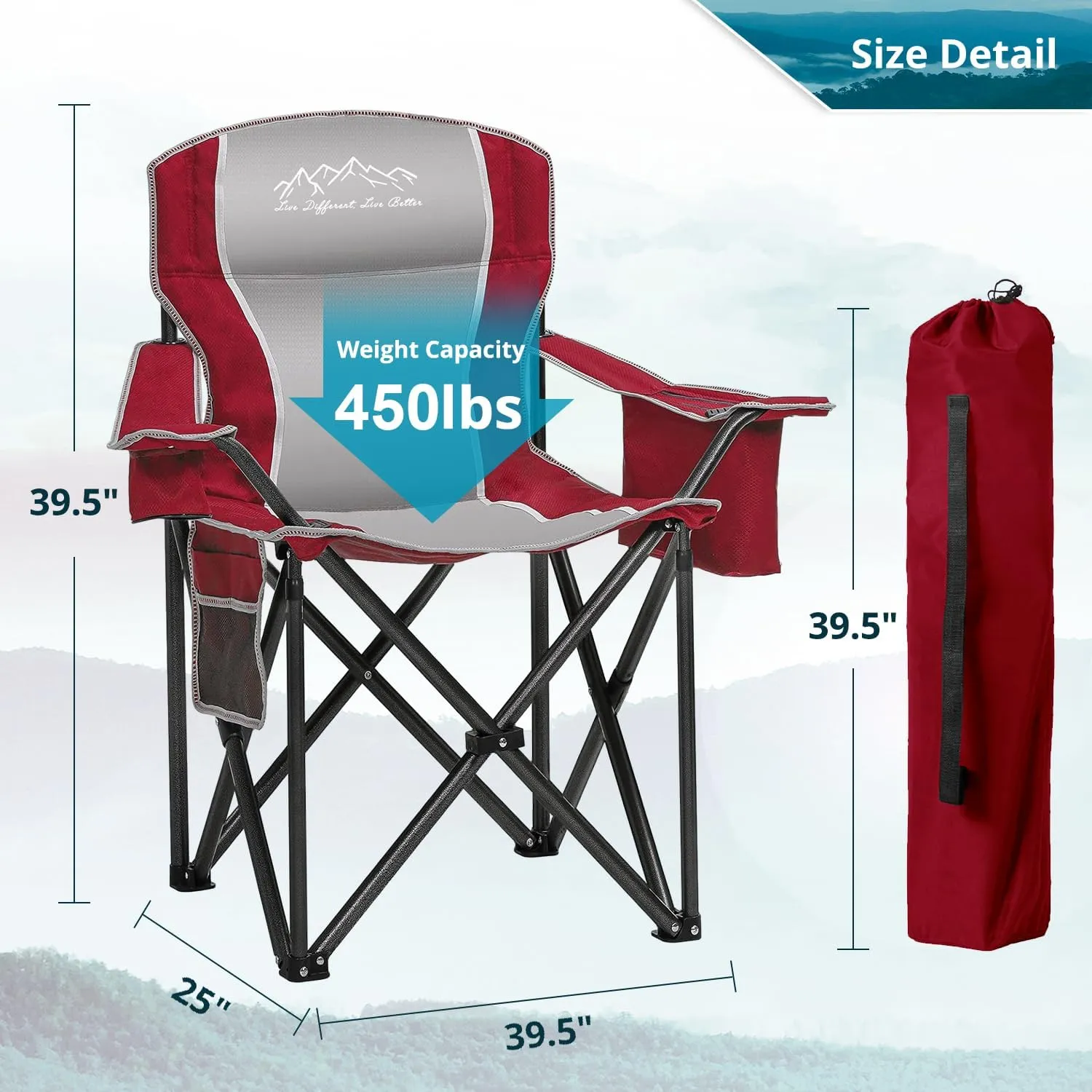 Folding Camping Chair Portable Outdoor Heavy Duty Padded Chairs Lawn Chair with Cup Holder, Storage Pocket and Cooler Bag, Supports 450LBS Red