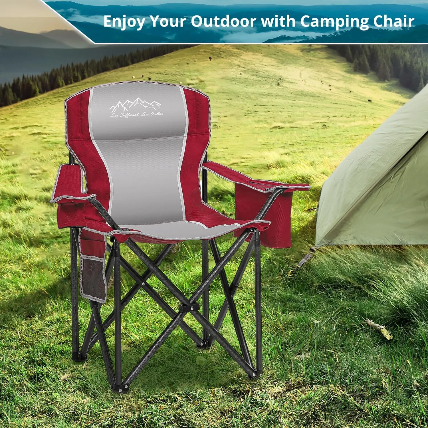 Folding Camping Chair Portable Outdoor Heavy Duty Padded Chairs Lawn Chair with Cup Holder, Storage Pocket and Cooler Bag, Supports 450LBS Red