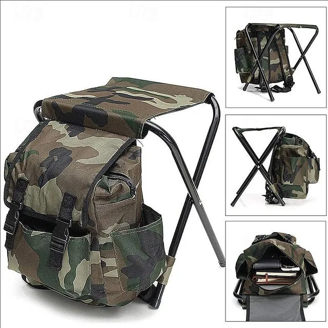 Folding Camping Chair Stool Backpack, Mini Folding Chair Outdoor, Portable Seat Table Bag for Indoor Fishing Outdoor Travel Hiking Beach BBQ (Camouflage)