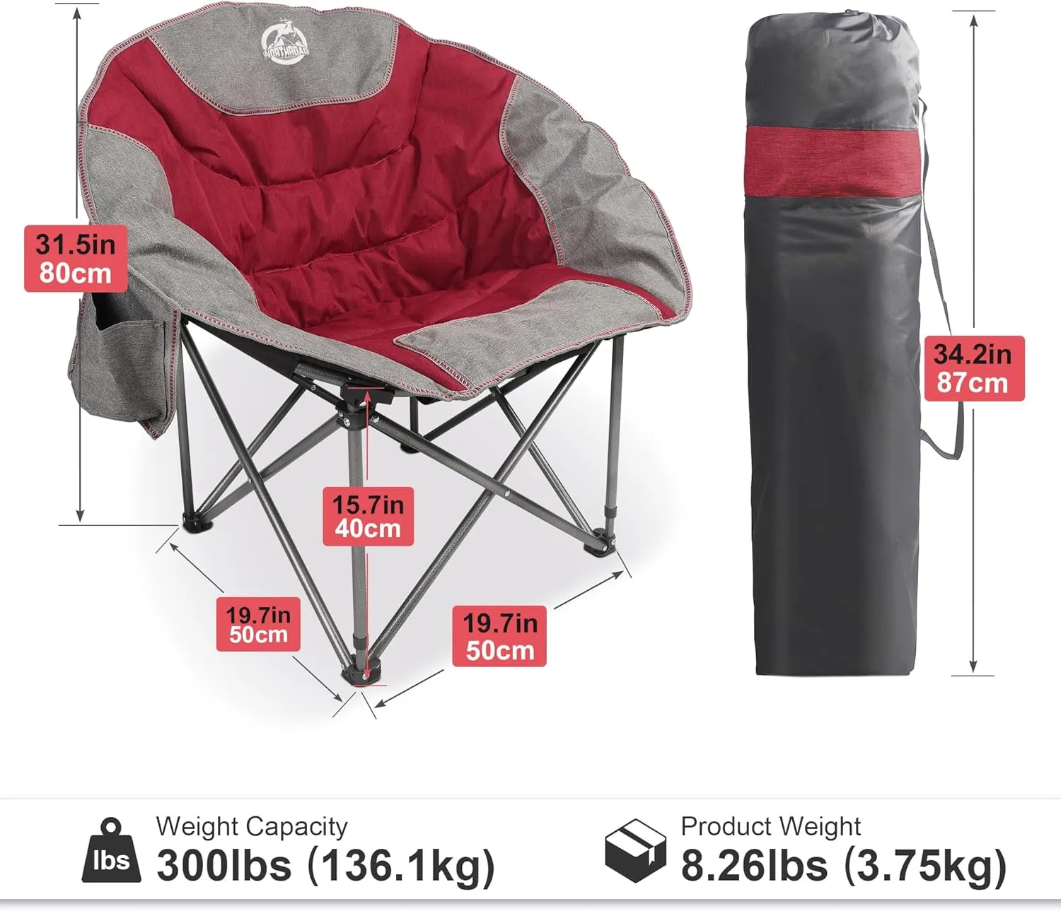 Folding Compact Camping Moon Chair, Outdoor Padded Saucer Round Chair w/Cup Holder Supports up to 300 lbs for Beach Hiking Fishing Picnic Lawn,Red
