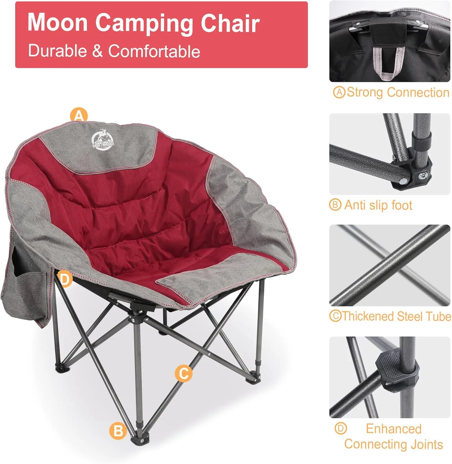 Folding Compact Camping Moon Chair, Outdoor Padded Saucer Round Chair w/Cup Holder Supports up to 300 lbs for Beach Hiking Fishing Picnic Lawn,Red