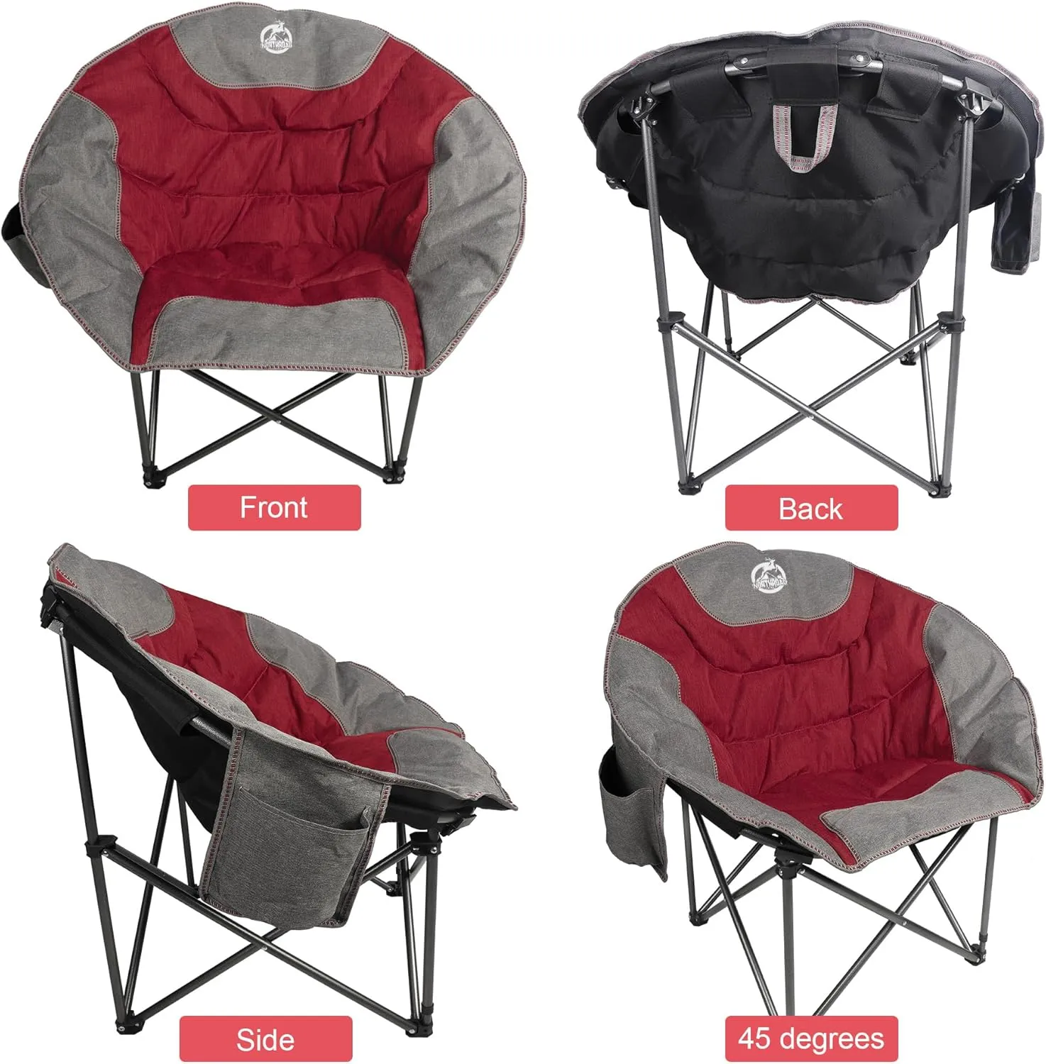 Folding Compact Camping Moon Chair, Outdoor Padded Saucer Round Chair w/Cup Holder Supports up to 300 lbs for Beach Hiking Fishing Picnic Lawn,Red