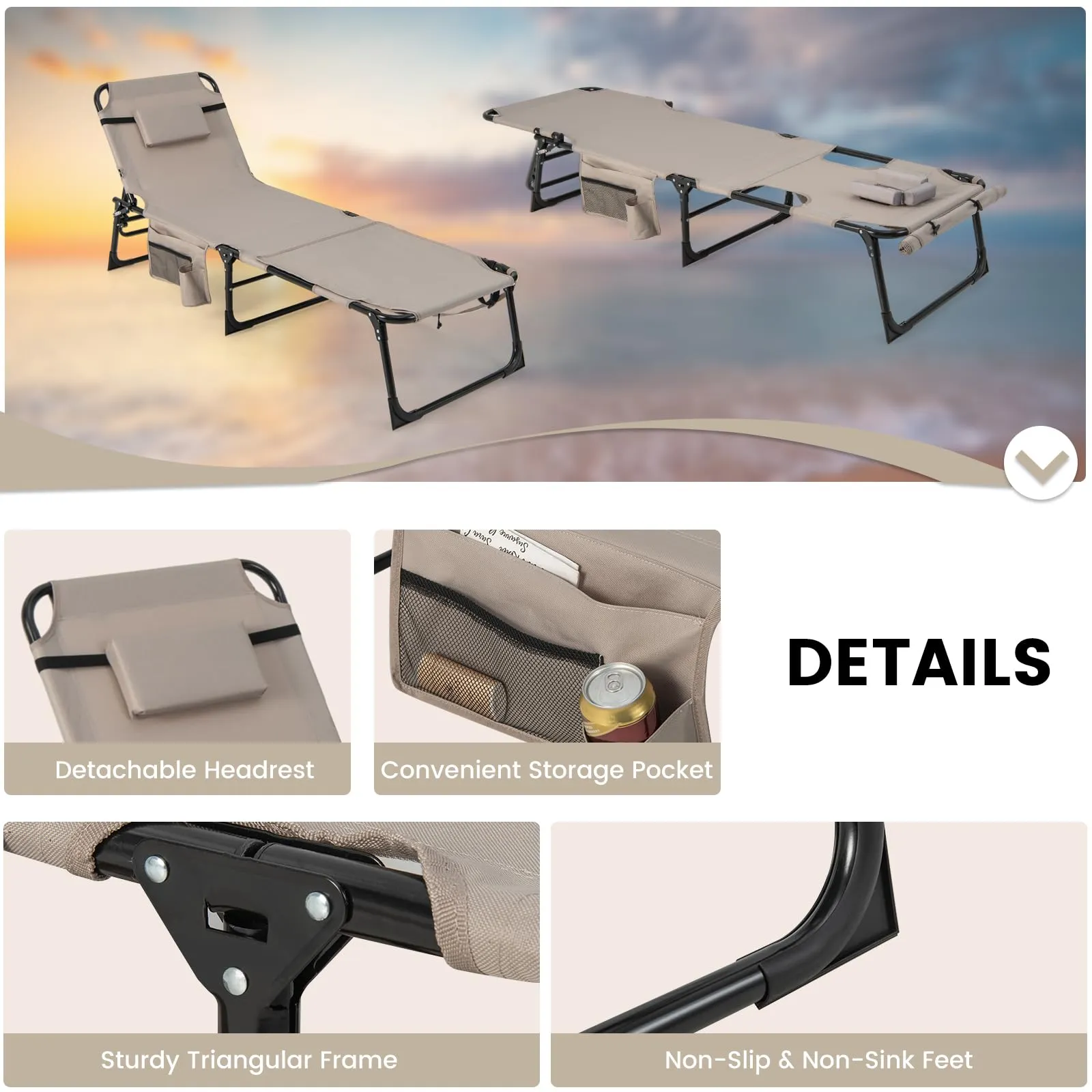 Folding Convertible Camping Lounger w/Face Hole & Pillows & Storage Pocket, 5-Position Adjustable Backrest