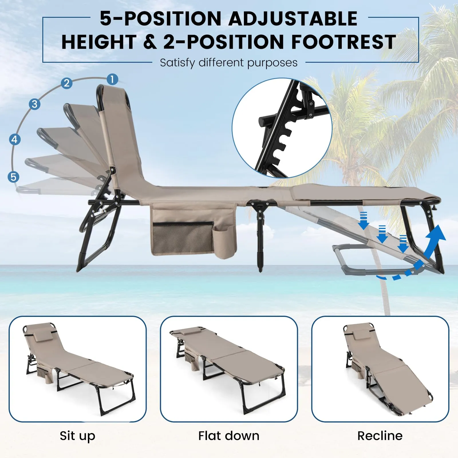 Folding Convertible Camping Lounger w/Face Hole & Pillows & Storage Pocket, 5-Position Adjustable Backrest