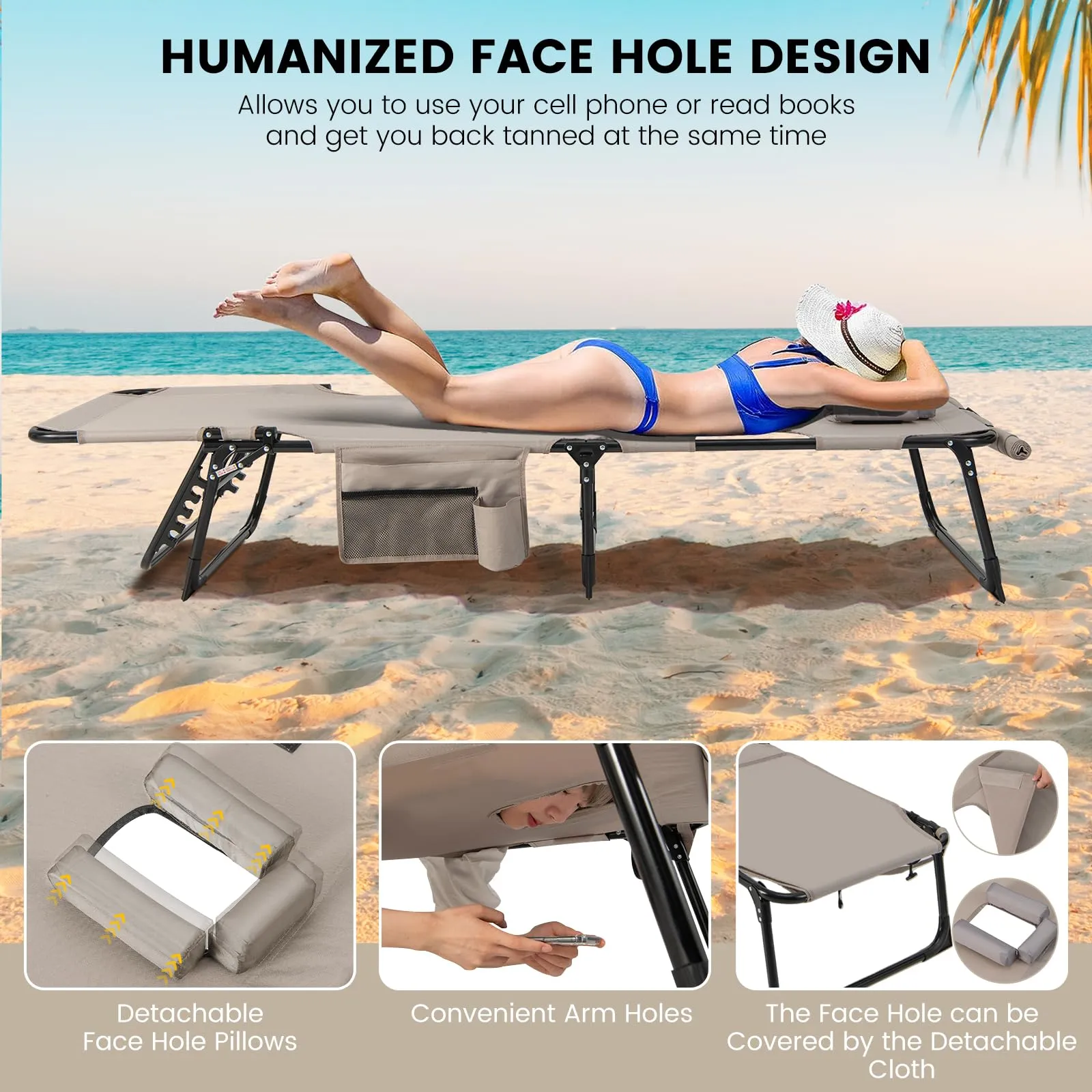 Folding Convertible Camping Lounger w/Face Hole & Pillows & Storage Pocket, 5-Position Adjustable Backrest
