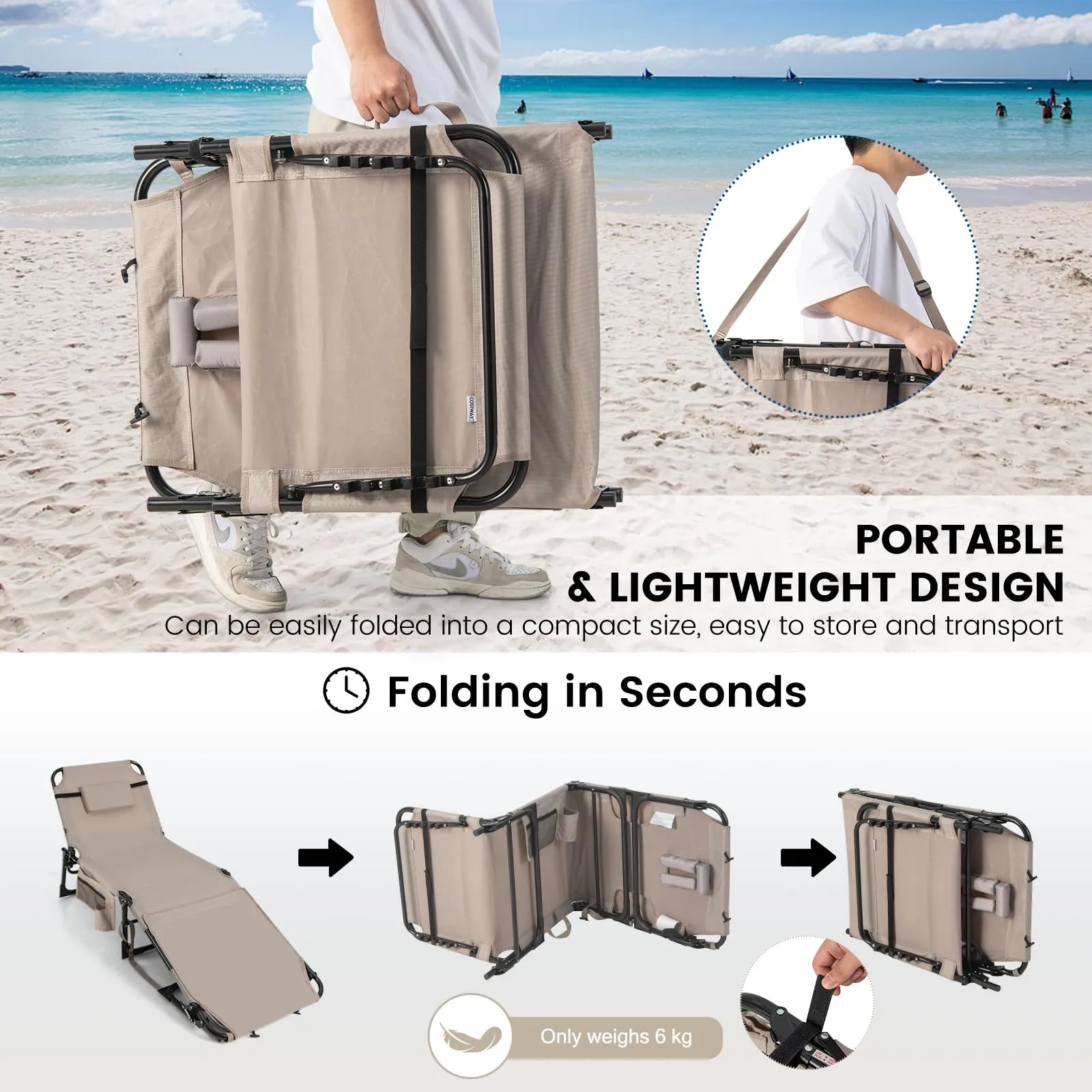 Folding Convertible Camping Lounger w/Face Hole & Pillows & Storage Pocket, 5-Position Adjustable Backrest