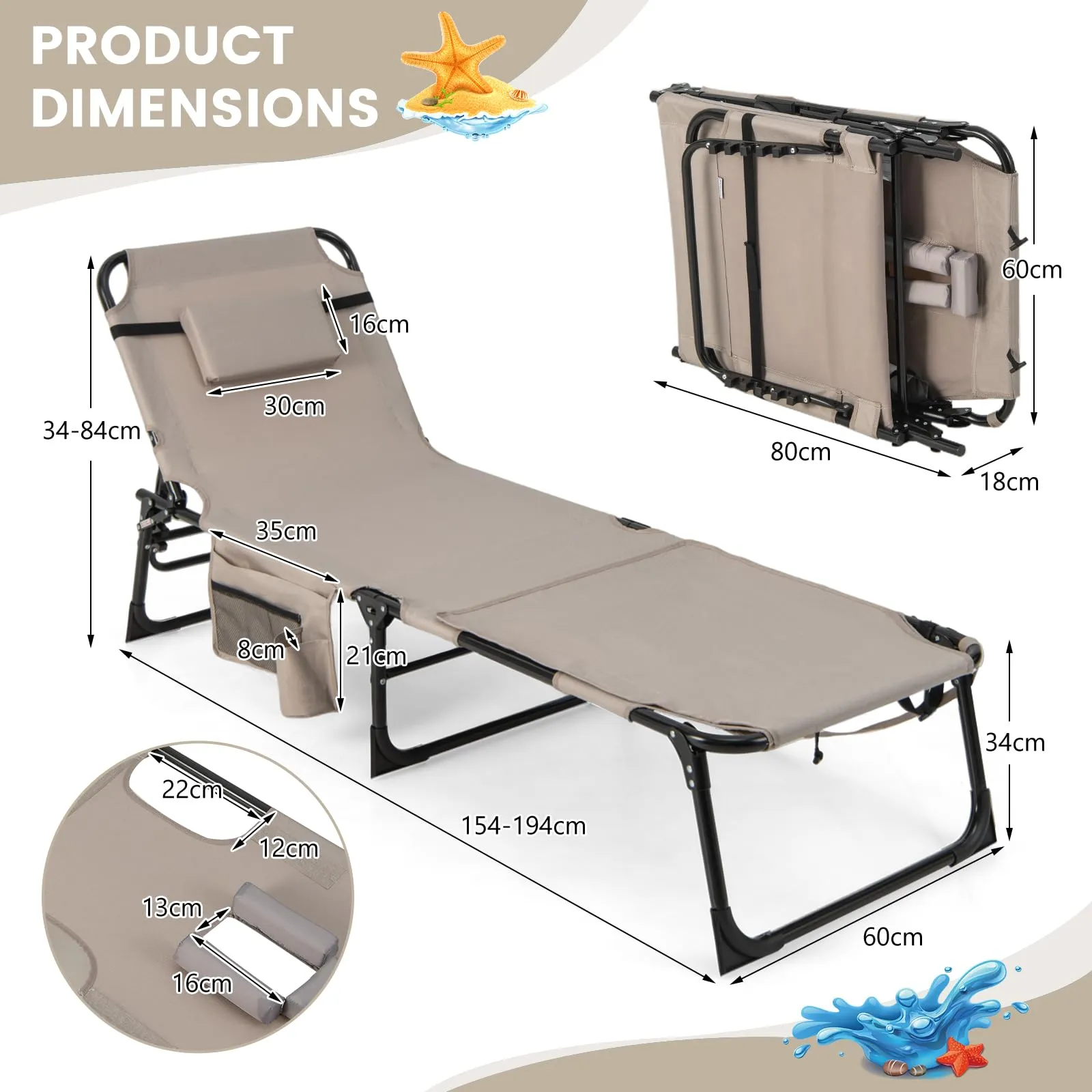 Folding Convertible Camping Lounger w/Face Hole & Pillows & Storage Pocket, 5-Position Adjustable Backrest
