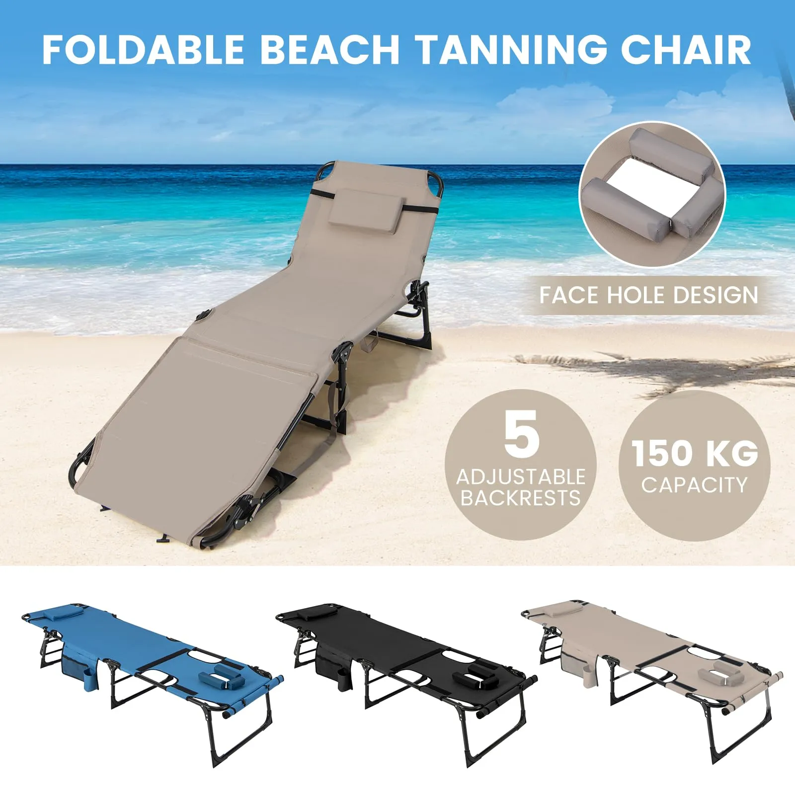 Folding Convertible Camping Lounger w/Face Hole & Pillows & Storage Pocket, 5-Position Adjustable Backrest