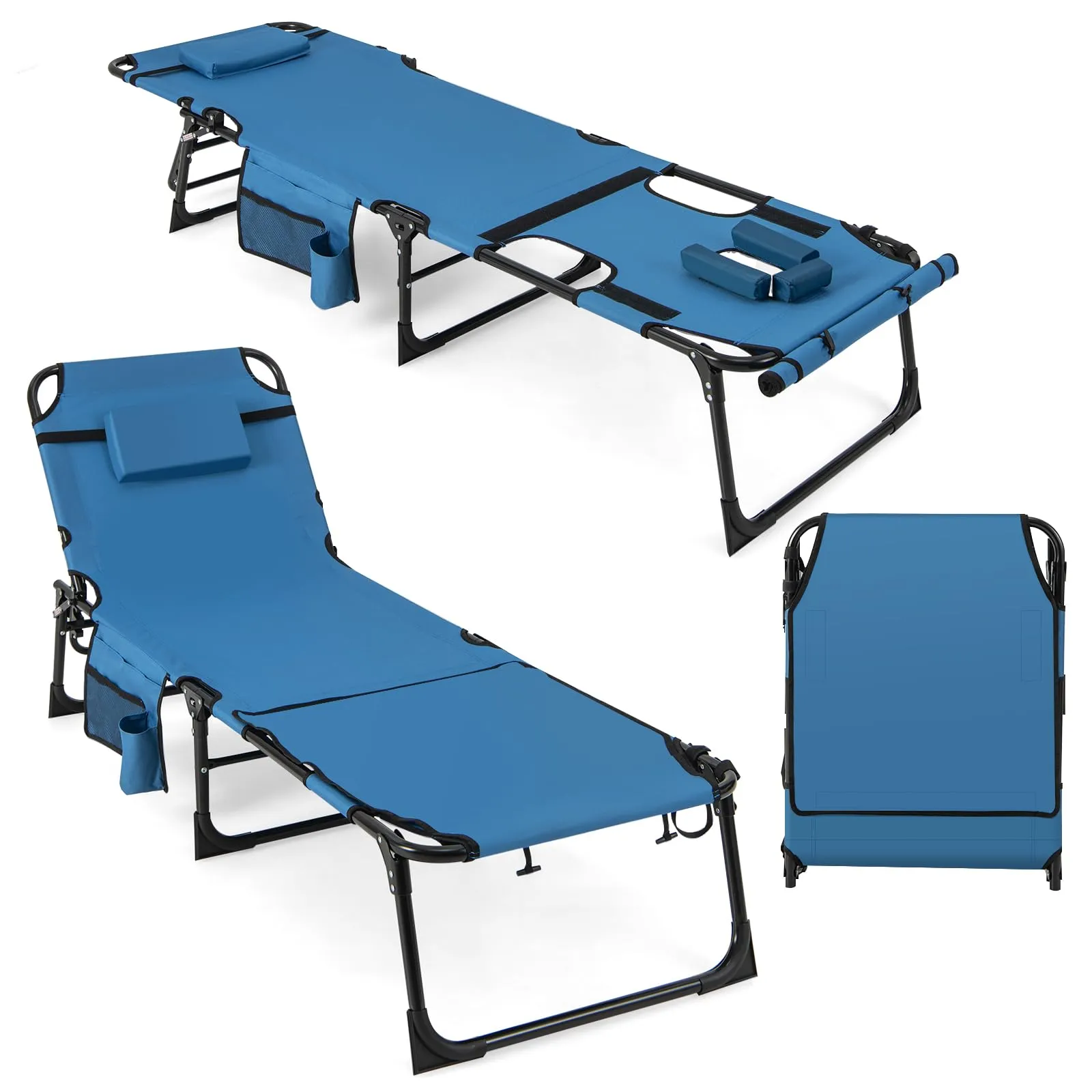 Folding Convertible Camping Lounger w/Face Hole & Pillows & Storage Pocket, 5-Position Adjustable Backrest