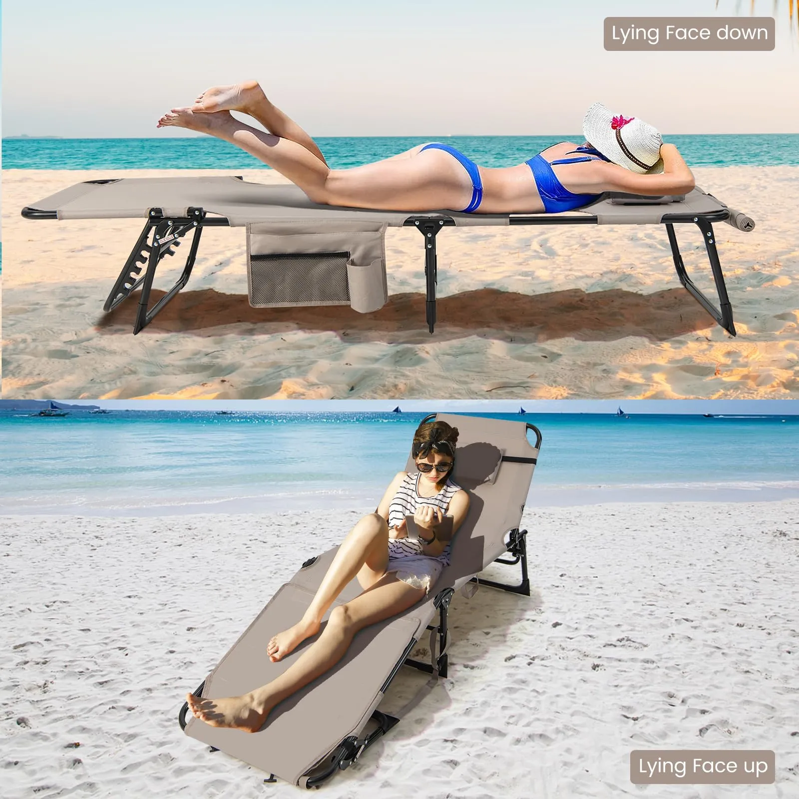 Folding Convertible Camping Lounger w/Face Hole & Pillows & Storage Pocket, 5-Position Adjustable Backrest