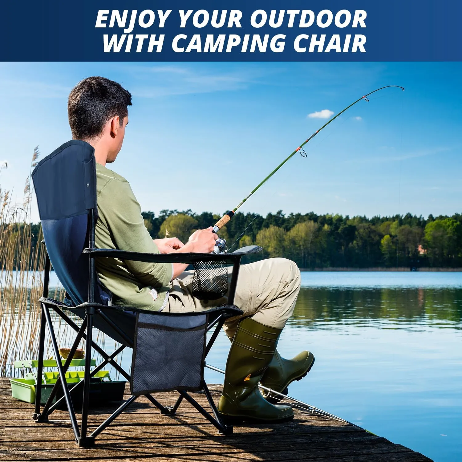 Folding Outdoor Beach Camp Chair with Cup Holder, Storage Pocket, Waterproof Bag Outdoor Arm Chair, Supports 225LBS, Cyan