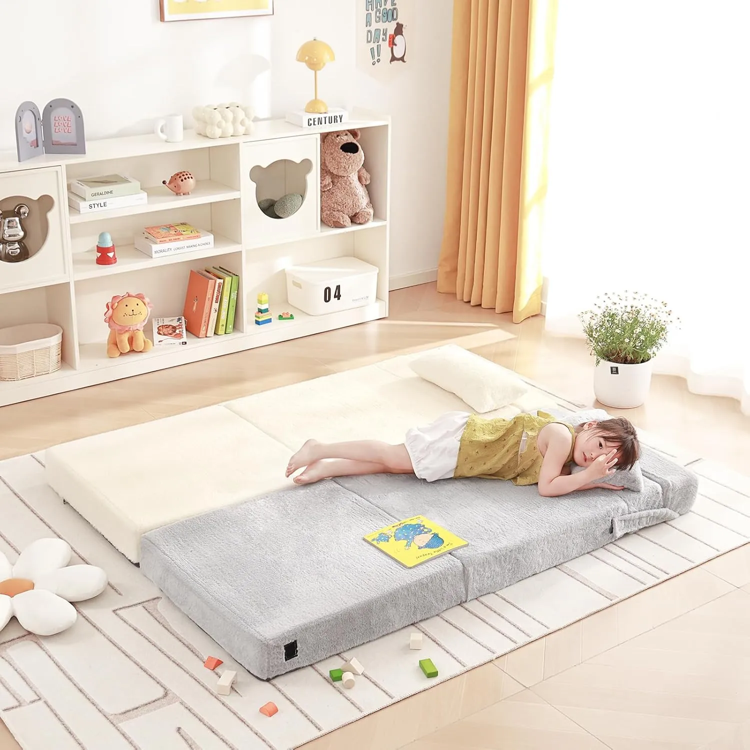 Folding Sofa Bed Beige Floor Mattress for Kids with Pillow, Toddler Washable Folded Floor Nap Mat Futon, Child Fold Up Sofa Folding Chair Bed with Storage Bag for Girls and Boys