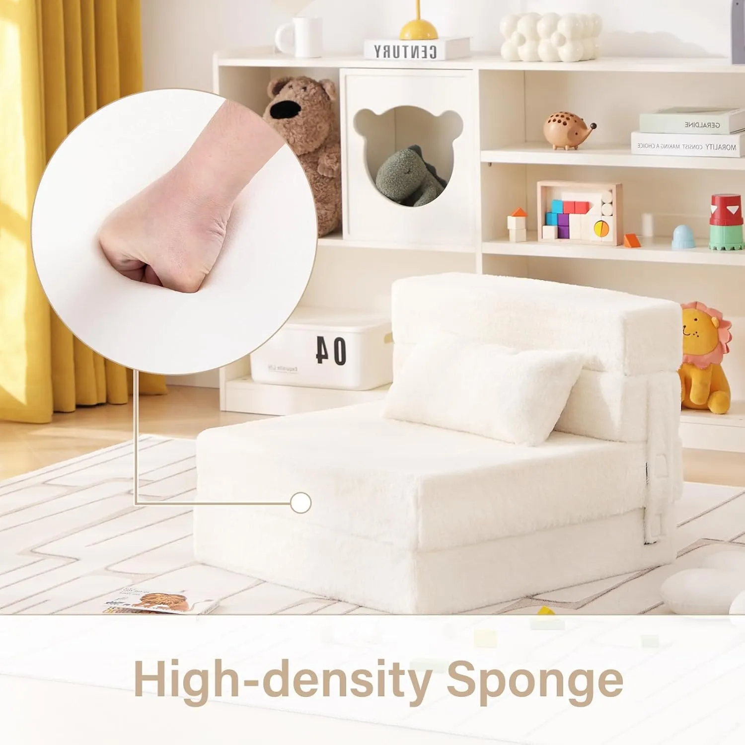 Folding Sofa Bed Beige Floor Mattress for Kids with Pillow, Toddler Washable Folded Floor Nap Mat Futon, Child Fold Up Sofa Folding Chair Bed with Storage Bag for Girls and Boys