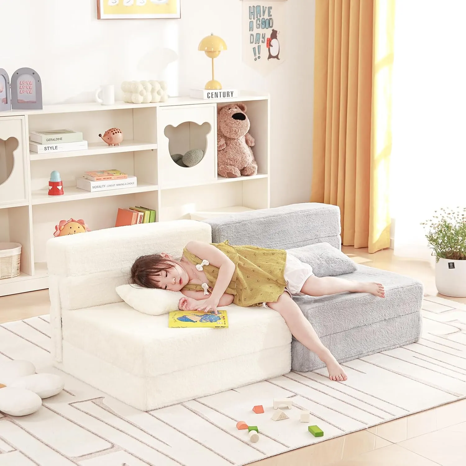 Folding Sofa Bed Beige Floor Mattress for Kids with Pillow, Toddler Washable Folded Floor Nap Mat Futon, Child Fold Up Sofa Folding Chair Bed with Storage Bag for Girls and Boys
