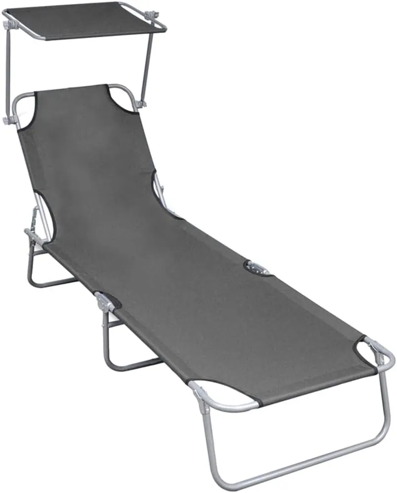 Folding Sun Lounger with Canopy Gray Aluminumrecliner Tanning Chair Camping Chairs Patio Suitable for Garden Courtyard
