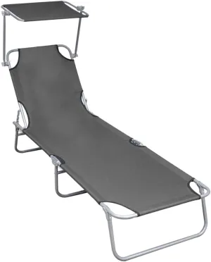 Folding Sun Lounger with Canopy Gray Aluminumrecliner Tanning Chair Camping Chairs Patio Suitable for Garden Courtyard