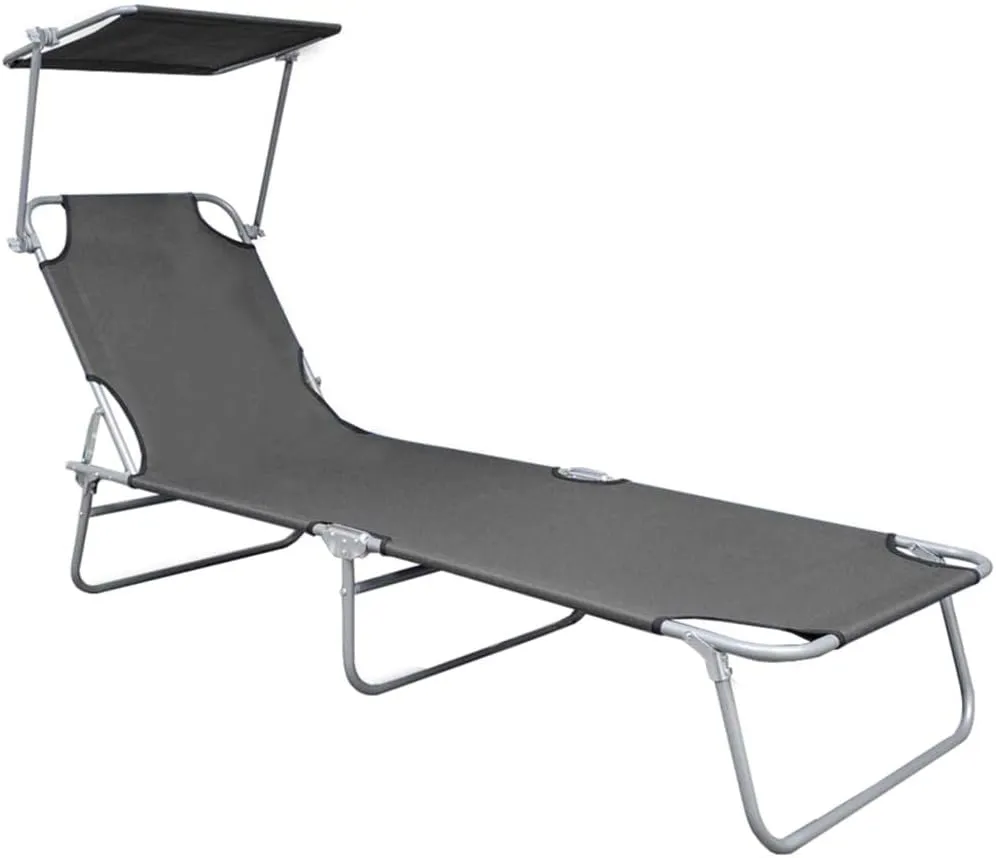 Folding Sun Lounger with Canopy Gray Aluminumrecliner Tanning Chair Camping Chairs Patio Suitable for Garden Courtyard
