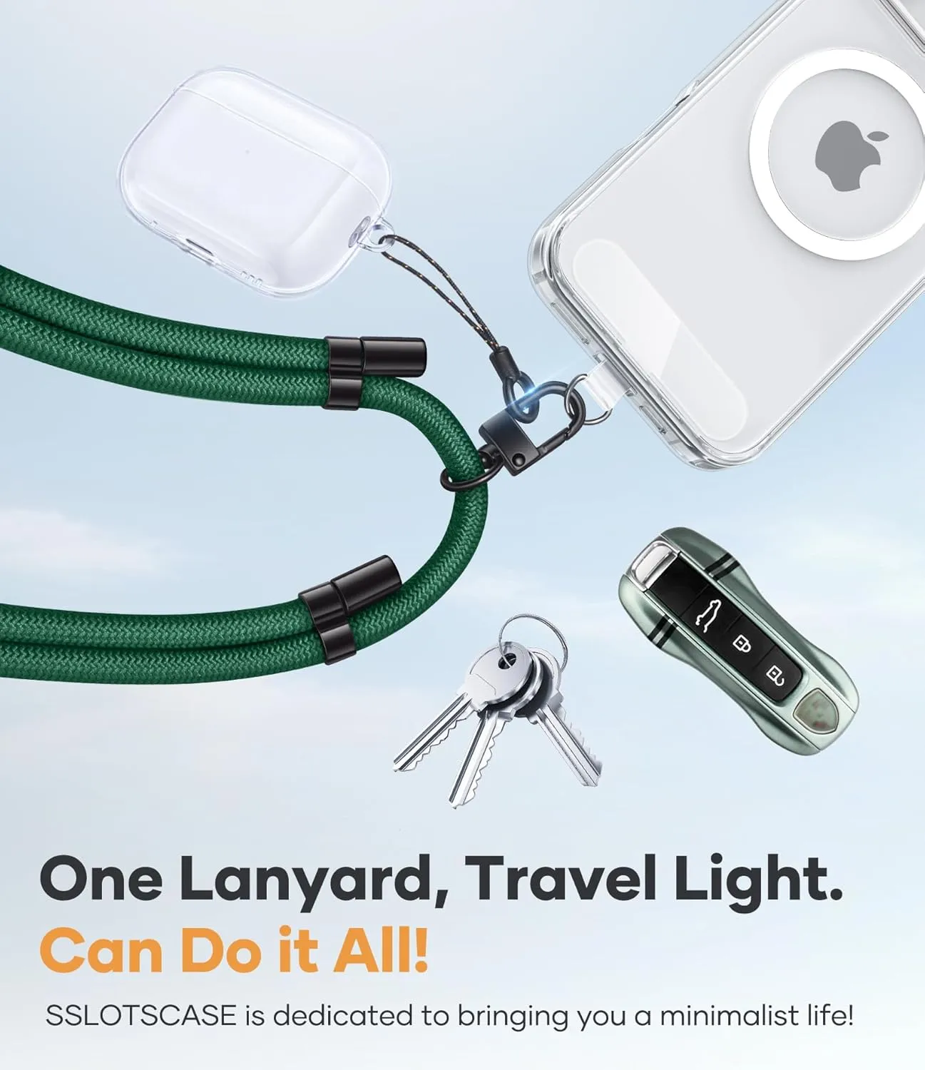 for Phone Lanyard Crossbody with 2X Clear Phone Tabs, Adjustable Anti Theft Phone Strap, Premium Metal Carabiner, Skin-Soft, Wrist Strap for iPhone Samsung Pixel Most Smartphones, Green