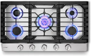FOTILE GLS36502 36” Stainless Steel 5-Burner Gas Cooktop, Tri-Ring 22,000 BTUs Center Burner with Flame Failure Protection Removable Grates and Installation/LP Kit
