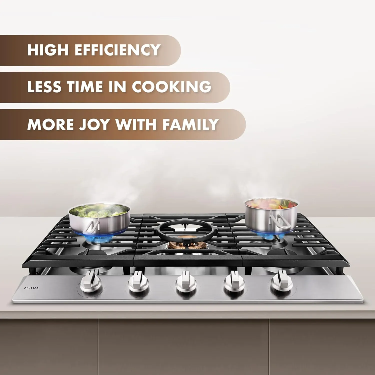 FOTILE GLS36502 36” Stainless Steel 5-Burner Gas Cooktop, Tri-Ring 22,000 BTUs Center Burner with Flame Failure Protection Removable Grates and Installation/LP Kit