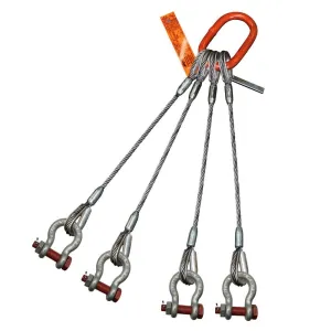 Four Leg Bridle Wire Rope Sling | 98 Ton Vertical Rated | Thimble-to-Bolt Anchor Shackle | 1-3/4" Dia. | 20' Length | EIPS 6x37 IWRC | Hanes Supply (HSI) Heavy Duty Rigging Cable
