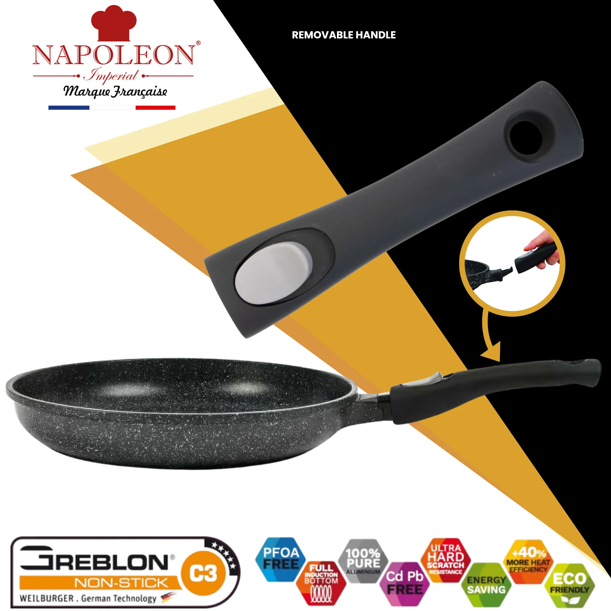 Frying Pan - 20 cms - Oven-safe - Non-stick Stone-like Coating - With Removable Handle for Easy Storage