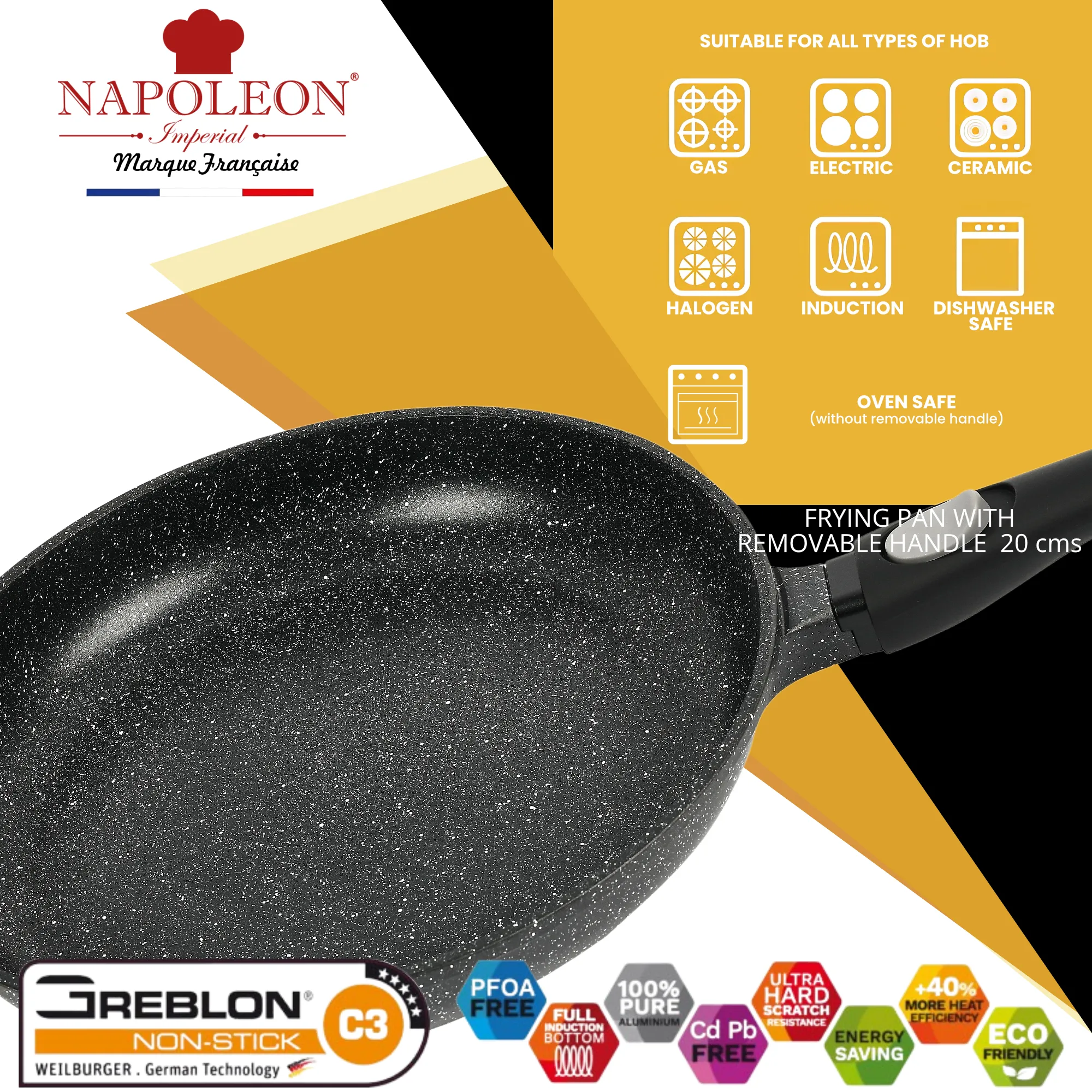 Frying Pan - 20 cms - Oven-safe - Non-stick Stone-like Coating - With Removable Handle for Easy Storage