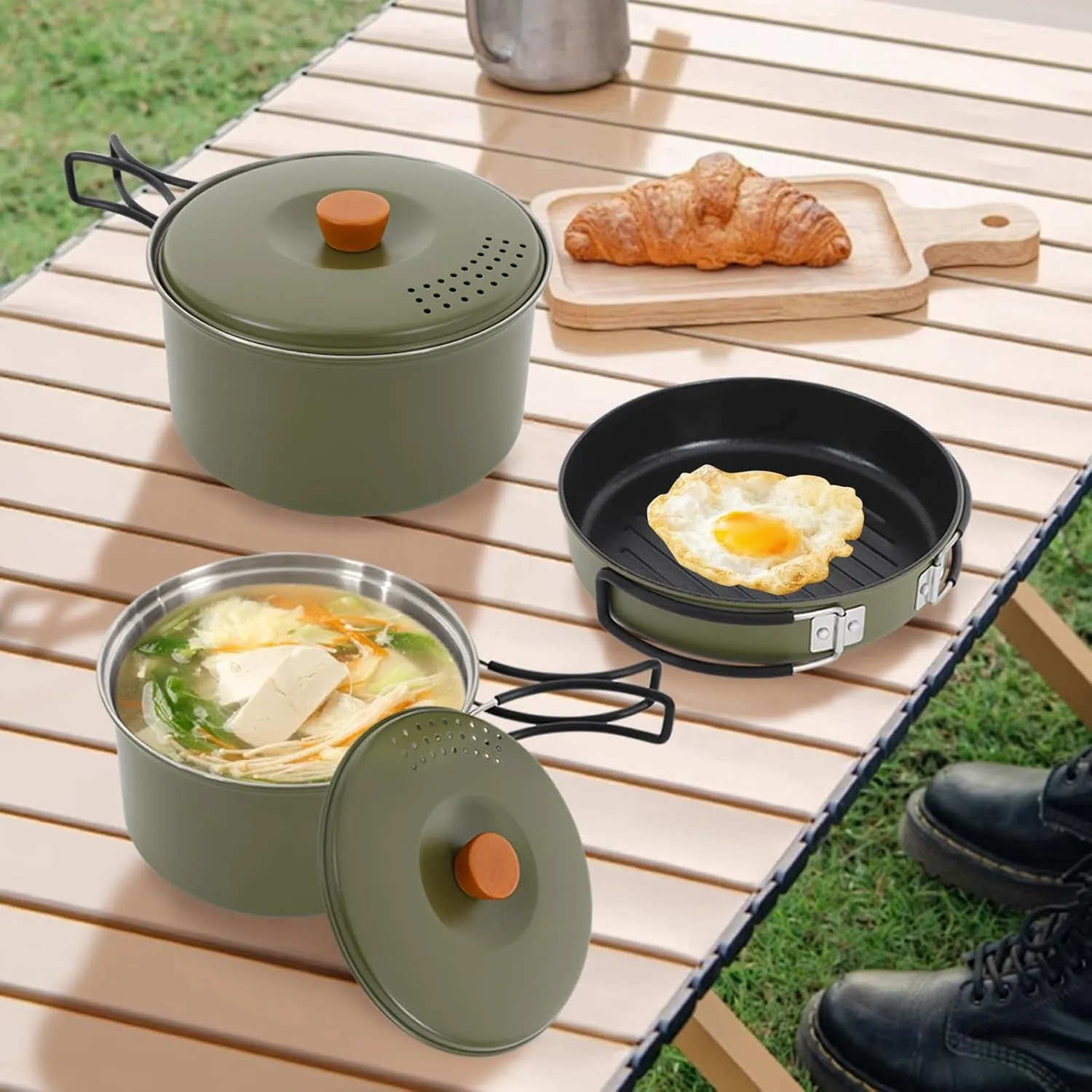 Frying Pan Non Stick Camping Cookware Set Portable Camping Cooking Set 304 Stainless Steel Camping Pots And Pans Set Campfire Cooking Equipment With Storage Bag For Outdoor Camping