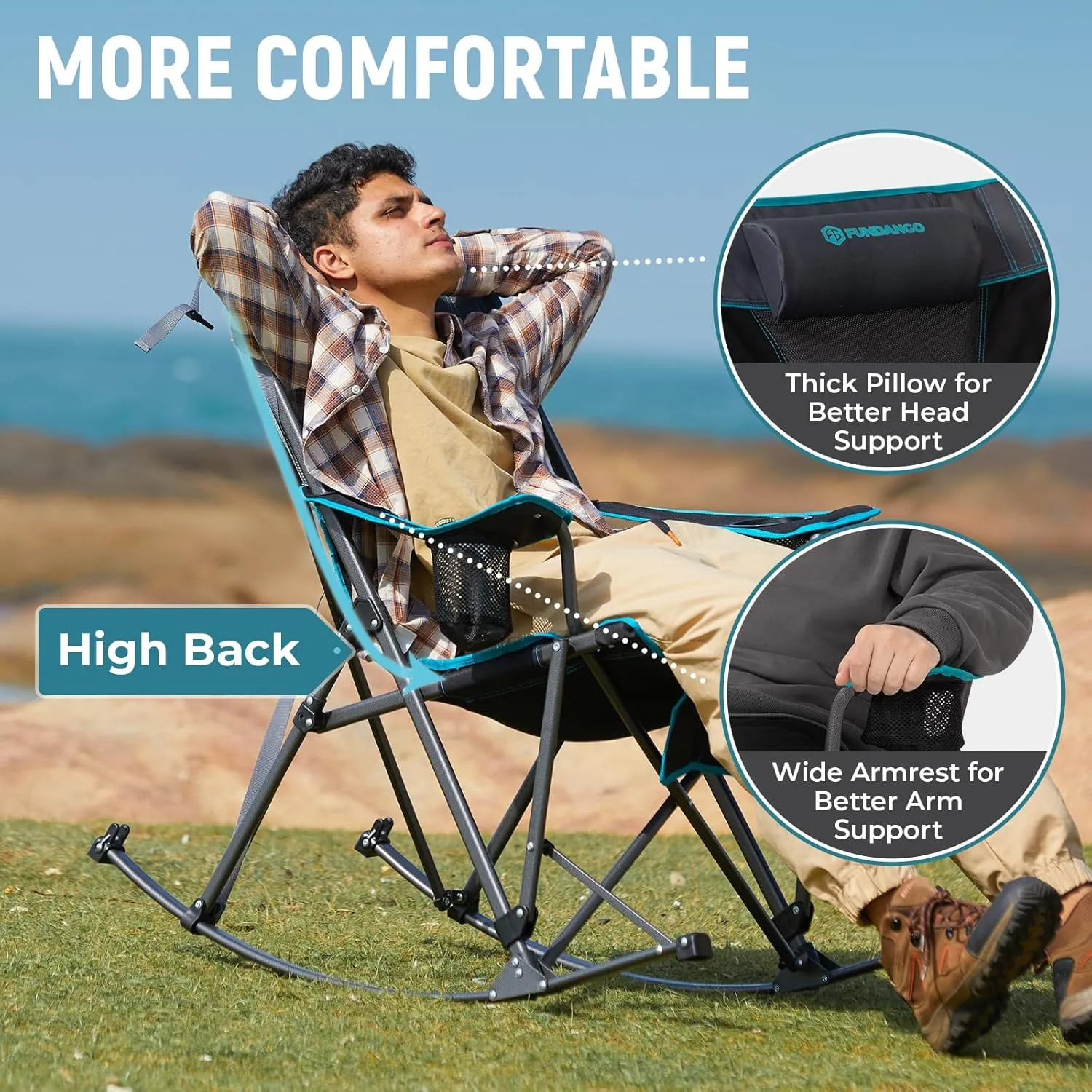FUNDANGO Portable Rocking Camp Chair with Pillow, Cup Holder