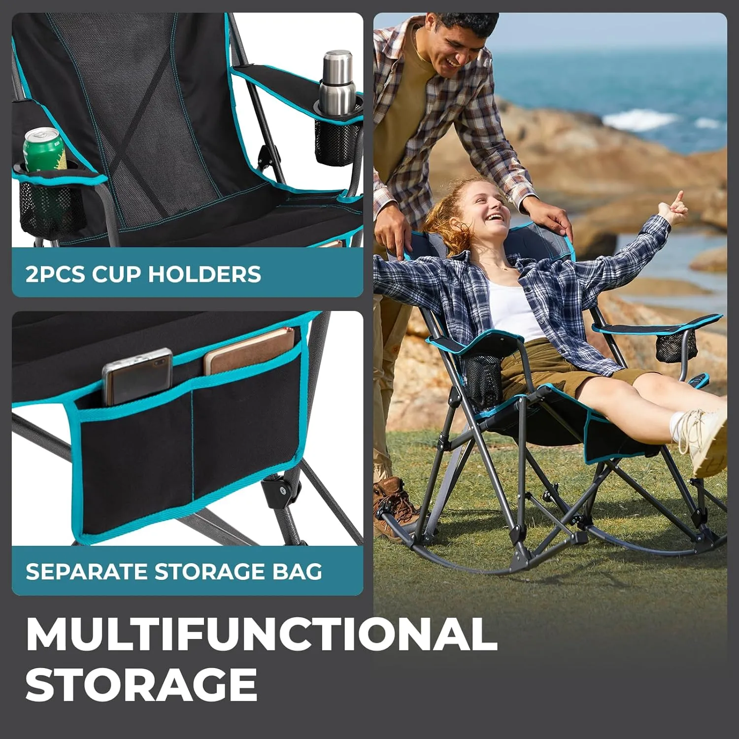 FUNDANGO Portable Rocking Camp Chair with Pillow, Cup Holder