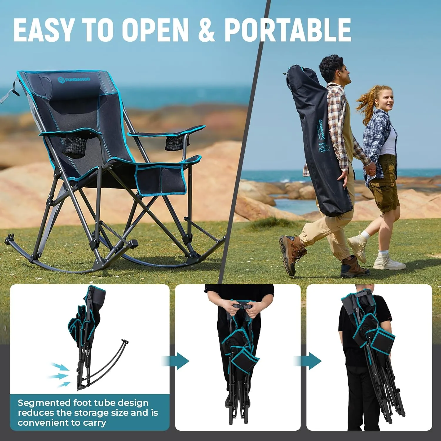 FUNDANGO Portable Rocking Camp Chair with Pillow, Cup Holder