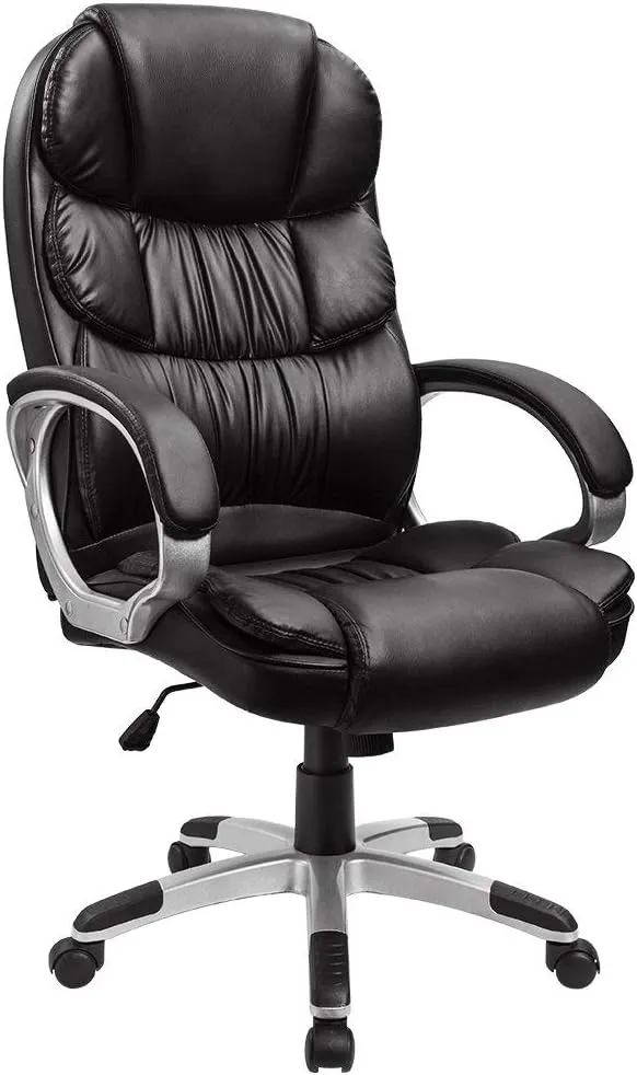 Furmax Leather High Back Office Chair Ergonomic Executive Office Chair Swivel Computer Desk Chair Lumbar Support Soft Cushioned Padded Arms (Black)