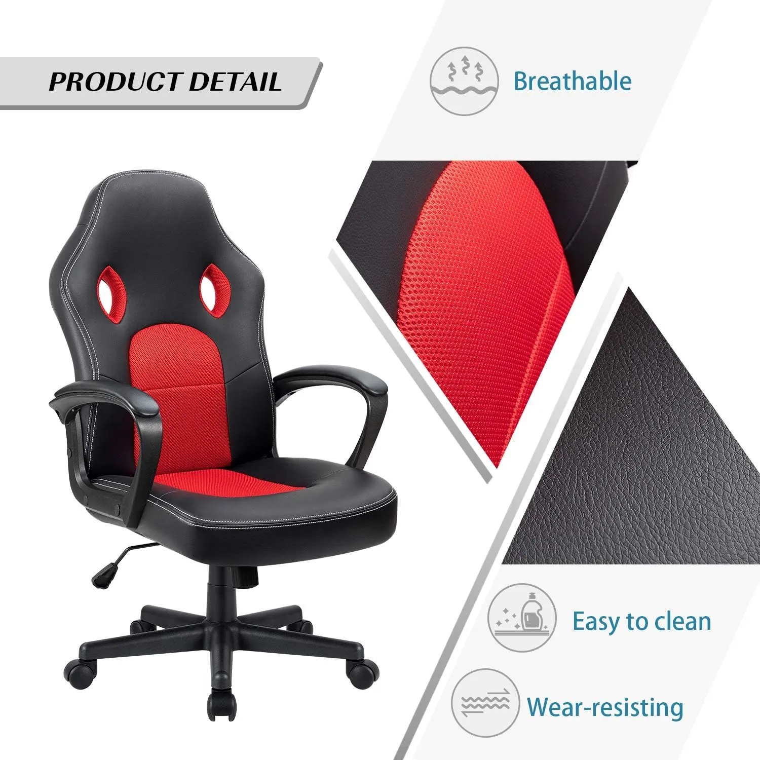 Furmax Red Gaming Chair, Adjustable Swivel Desk Chair with Padded Armrests and Lumbar Support, Leather and Mesh Design