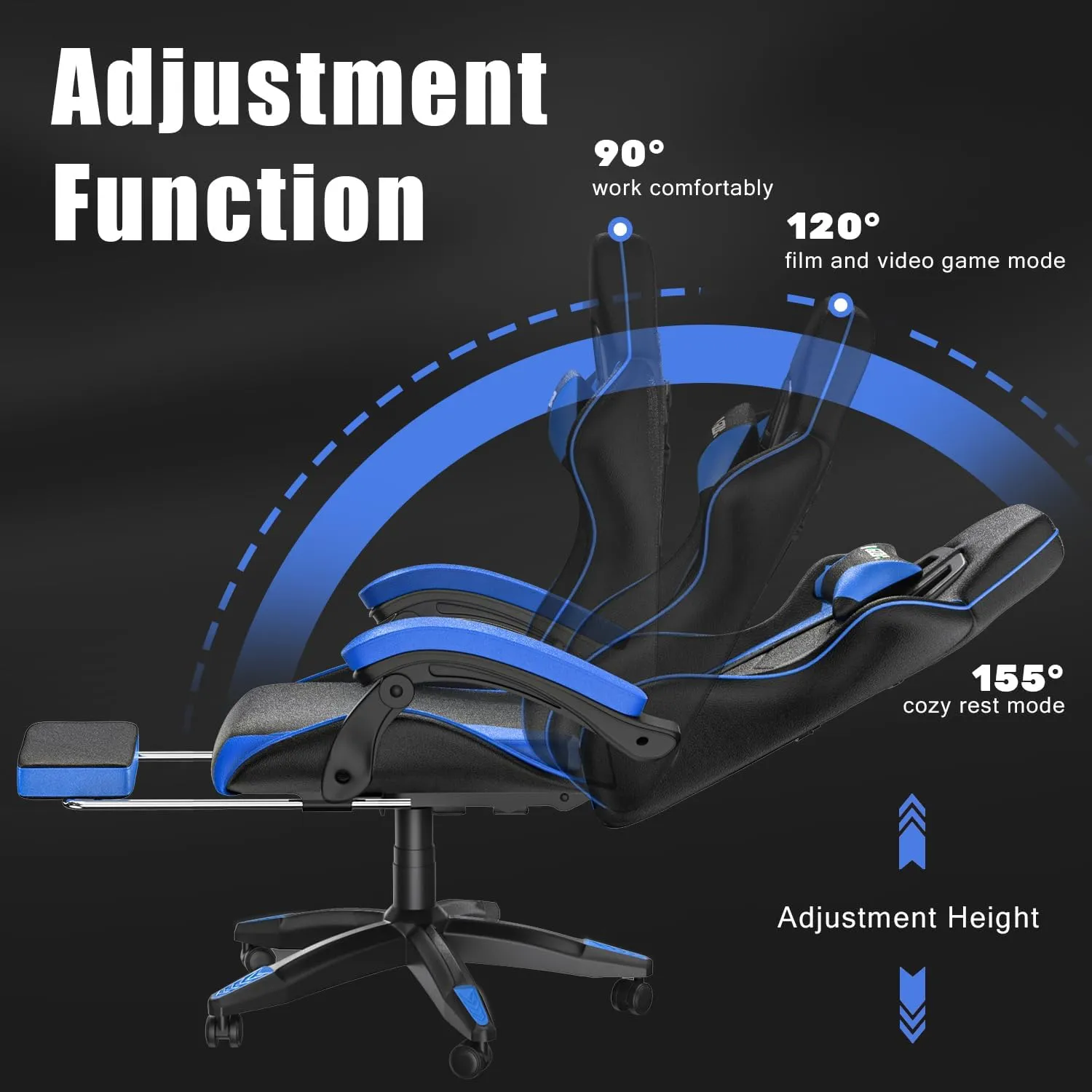 Gaming Chair with Footrest, High Back Ergonomic Computer Gamer Chair with Headrest and Lumbar Support, Racing Style Reclining Game Chair for Adults, Kids (Blue-Black)