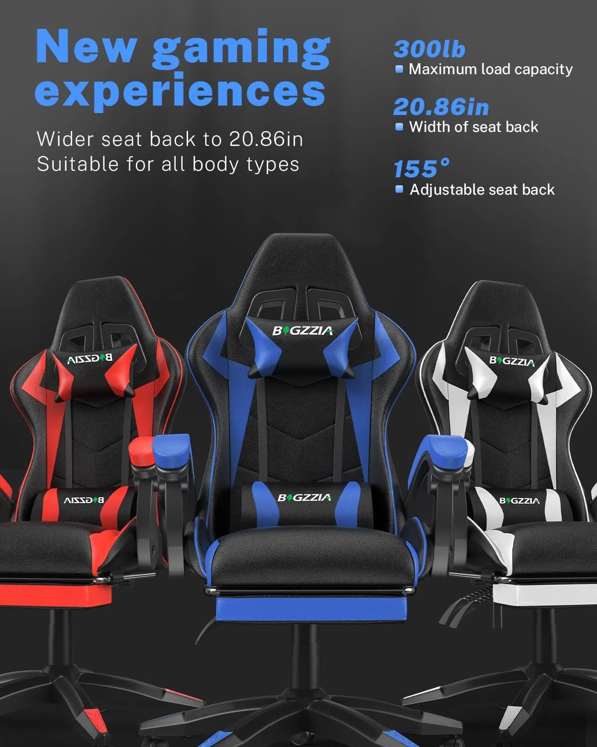 Gaming Chair with Footrest, High Back Ergonomic Computer Gamer Chair with Headrest and Lumbar Support, Racing Style Reclining Game Chair for Adults, Kids (Blue-Black)