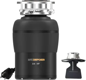 Garbage Disposal 3/4 HP for Kitchen sink Quiet with Stopper Power Cord, Easy install, Continuous Feed Food Waste Disposer Stainless Steel Grind 0.75 Horsepower AC Motor Unit (MAX-4)