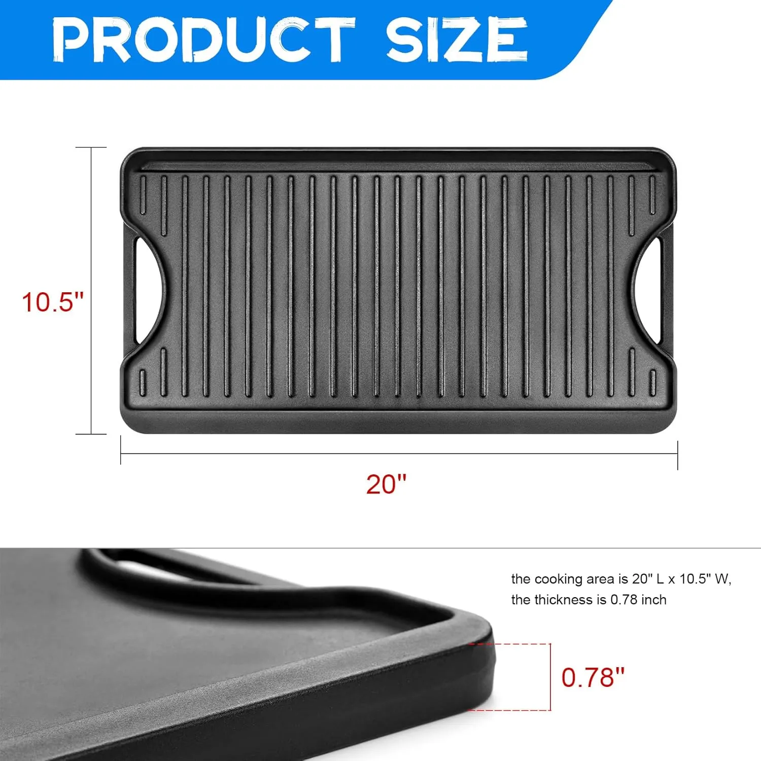 GGC Cast Iron Reversible Griddle, 2-in-1 Griddle Pan for Gas Stove Tops, Gas Grills and Camping, 20 x 10.5 Flat and Ribbed Griddle Plate for Indoor and Outdoor Cooking