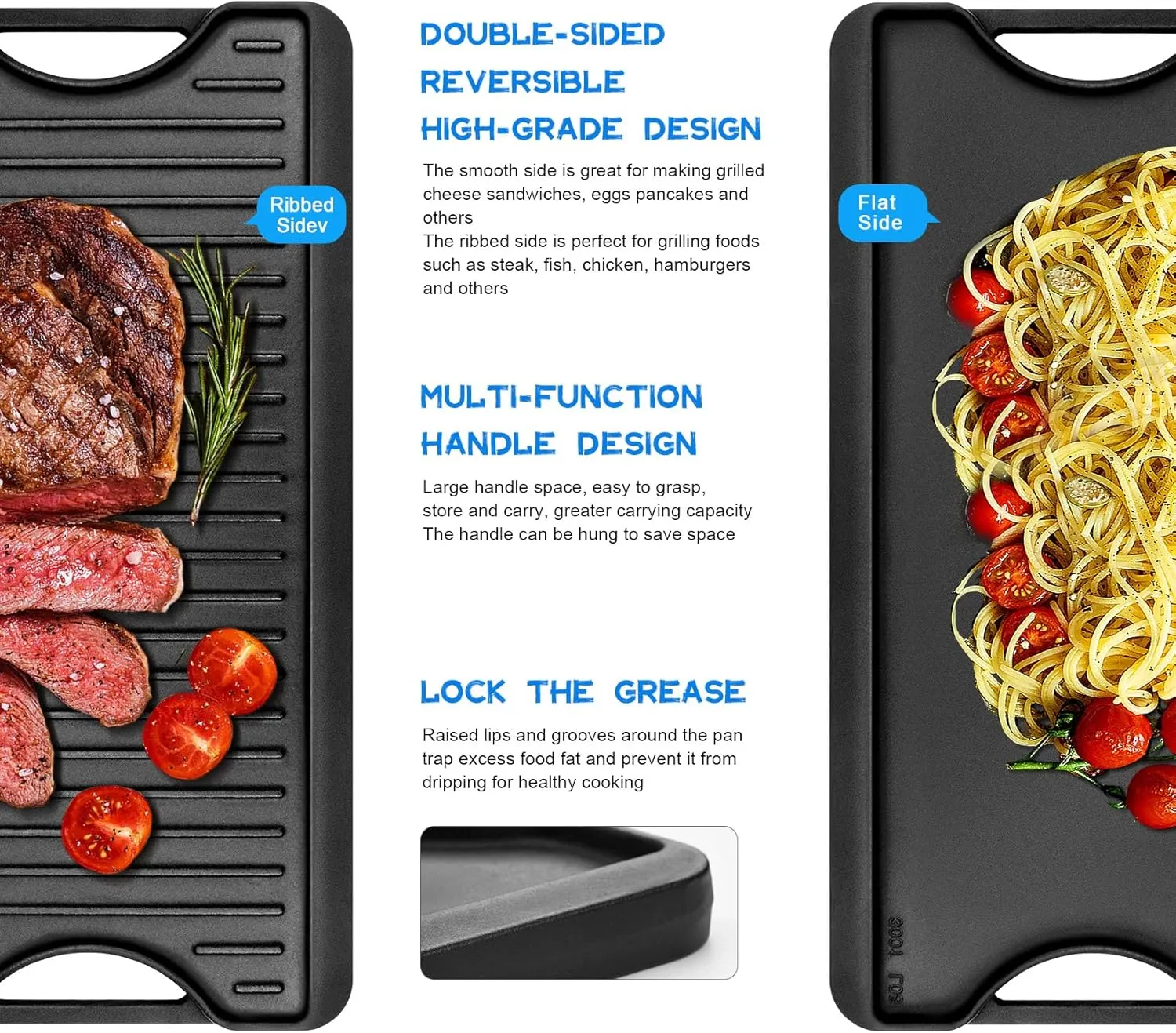 GGC Cast Iron Reversible Griddle, 2-in-1 Griddle Pan for Gas Stove Tops, Gas Grills and Camping, 20 x 10.5 Flat and Ribbed Griddle Plate for Indoor and Outdoor Cooking