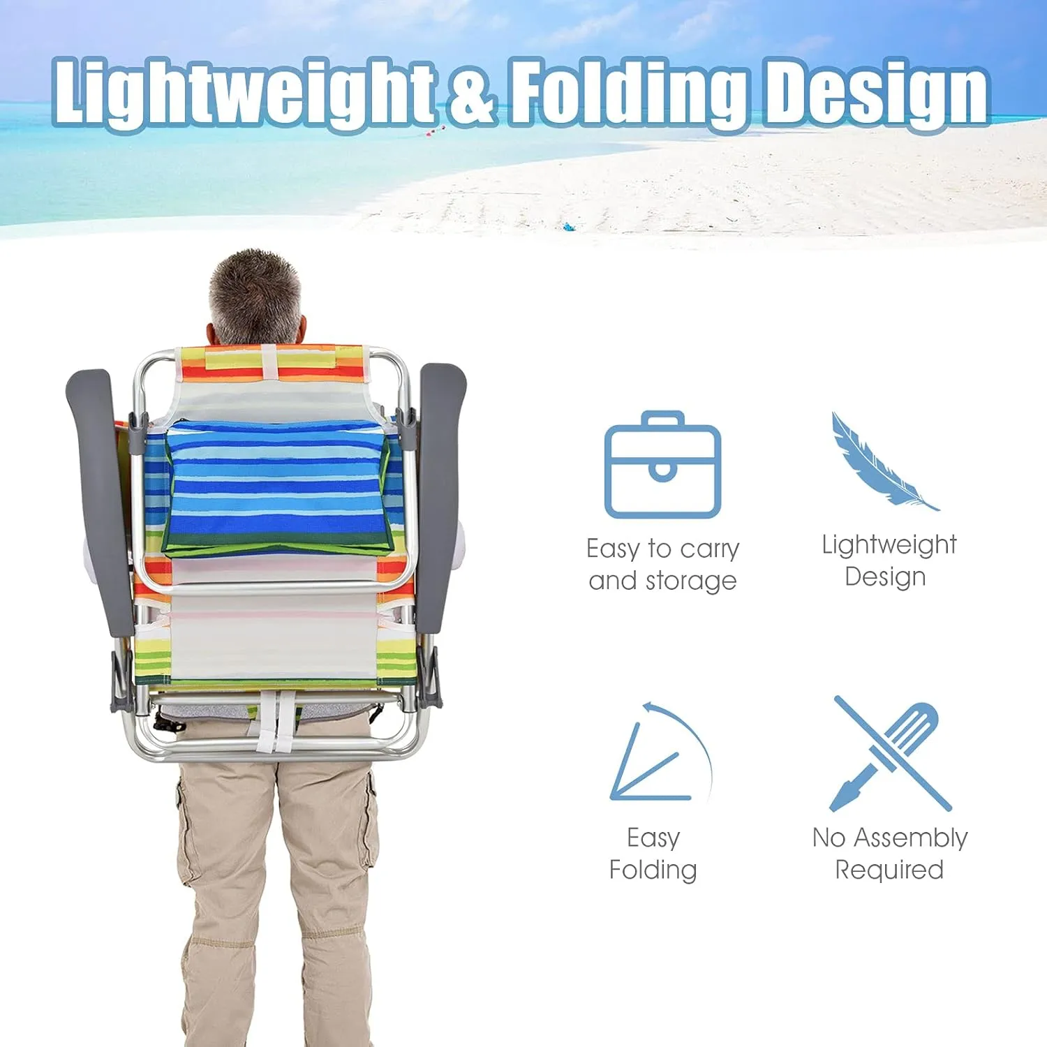 Giantex Folding Beach Chair, Patio Sling Chairs with 5 Adjustable Position, Head Pillow, Storage Bag, Towel Bar, Cup Holders, Backpack Chairs for Sunbathing, Camping Chair