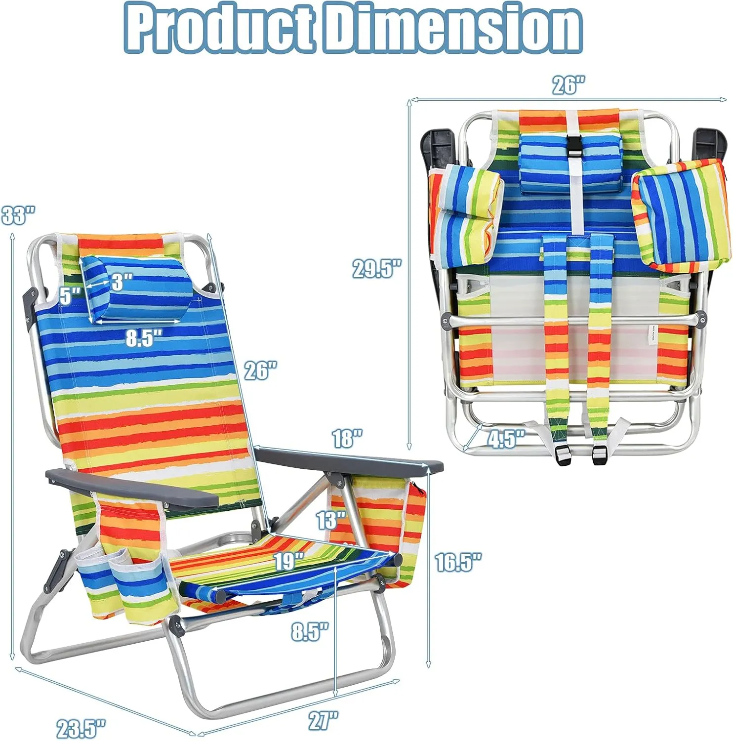 Giantex Folding Beach Chair, Patio Sling Chairs with 5 Adjustable Position, Head Pillow, Storage Bag, Towel Bar, Cup Holders, Backpack Chairs for Sunbathing, Camping Chair
