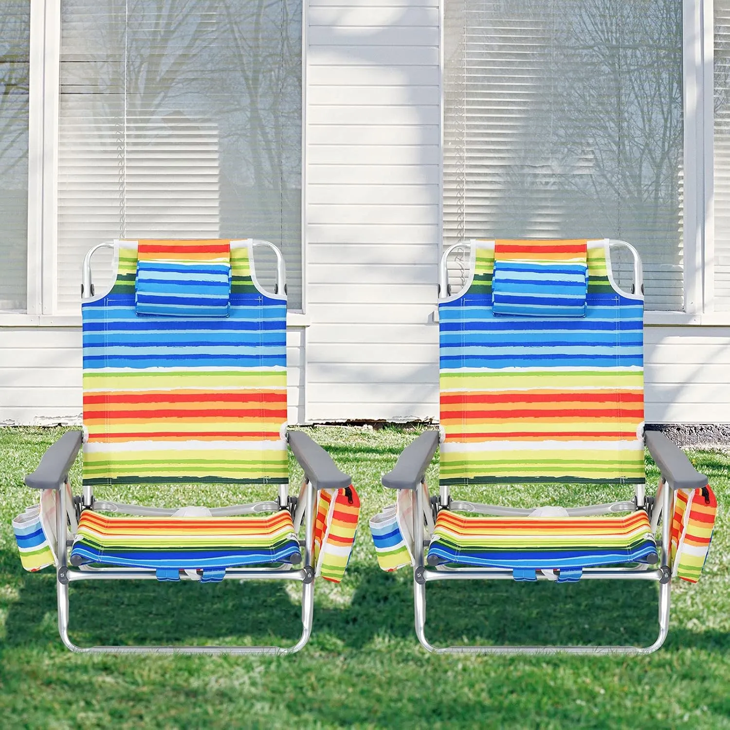 Giantex Folding Beach Chair, Patio Sling Chairs with 5 Adjustable Position, Head Pillow, Storage Bag, Towel Bar, Cup Holders, Backpack Chairs for Sunbathing, Camping Chair