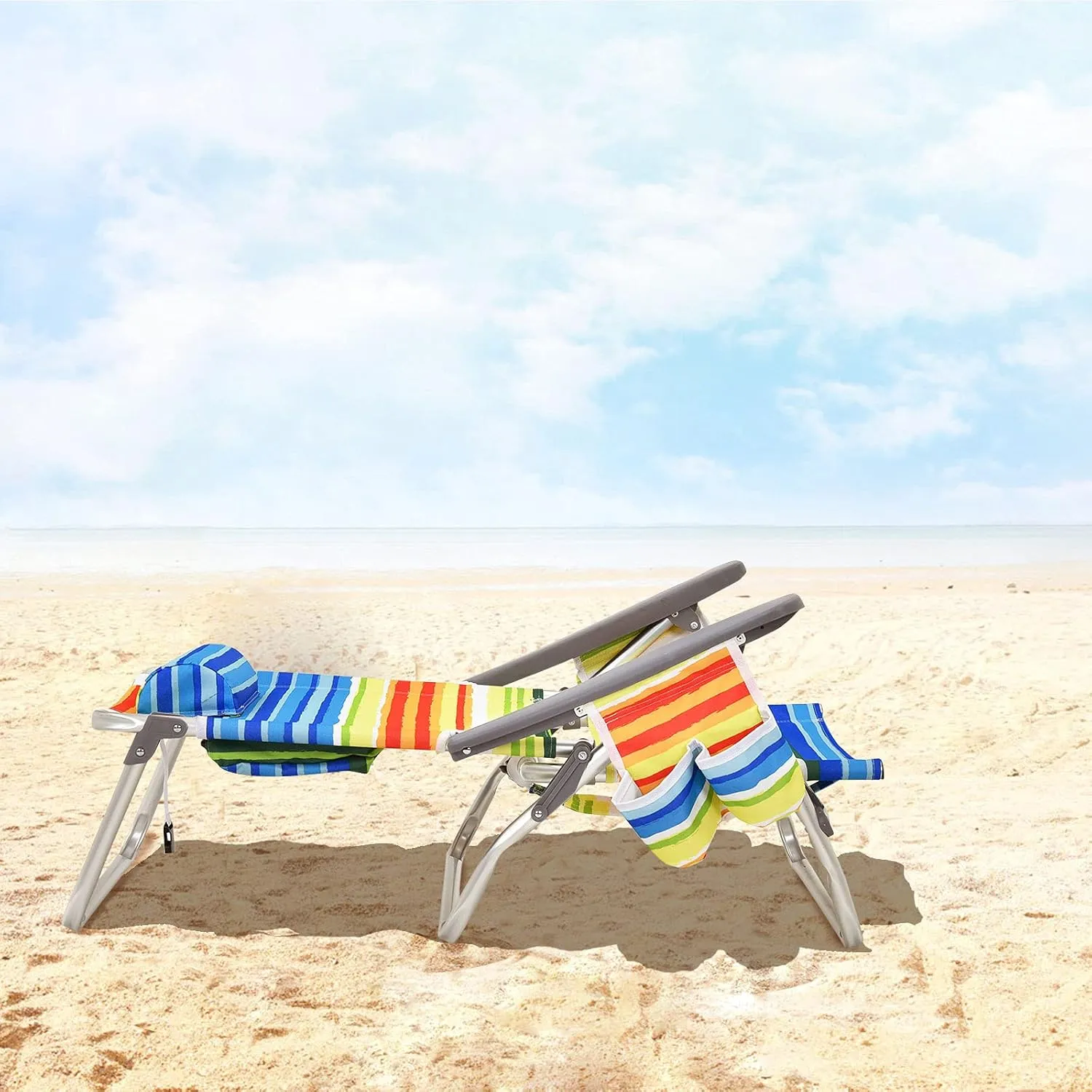 Giantex Folding Beach Chair, Patio Sling Chairs with 5 Adjustable Position, Head Pillow, Storage Bag, Towel Bar, Cup Holders, Backpack Chairs for Sunbathing, Camping Chair