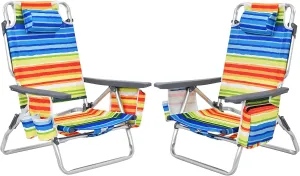Giantex Folding Beach Chair, Patio Sling Chairs with 5 Adjustable Position, Head Pillow, Storage Bag, Towel Bar, Cup Holders, Backpack Chairs for Sunbathing, Camping Chair