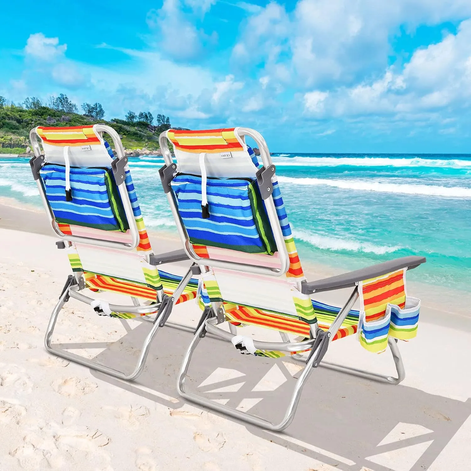 Giantex Folding Beach Chair, Patio Sling Chairs with 5 Adjustable Position, Head Pillow, Storage Bag, Towel Bar, Cup Holders, Backpack Chairs for Sunbathing, Camping Chair