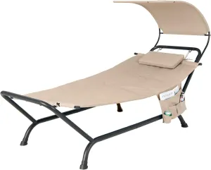 Giantex Hanging Hammock with Stand, Patio Hanging Chaise Lounge Chair w/Canopy, Cushion, Pillow & Storage Bag, Heavy Duty Swing Hammock Bed for Garden Lawn Backyard Patio Poolside Porch (Beige)